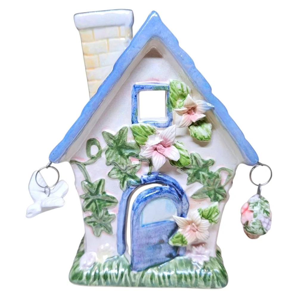 VTG Cottagecore Ceramic Candle Holder Treasured Times Hanging Basket & Bird READ